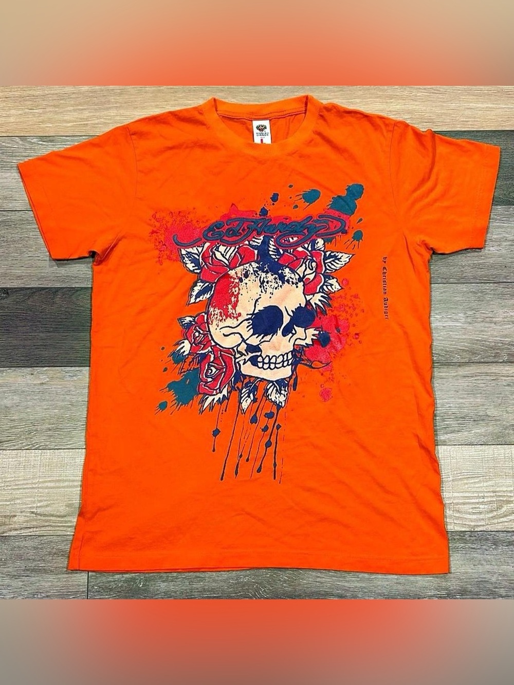 Ed Hardy Orange Skull & Rose Graphic Tee